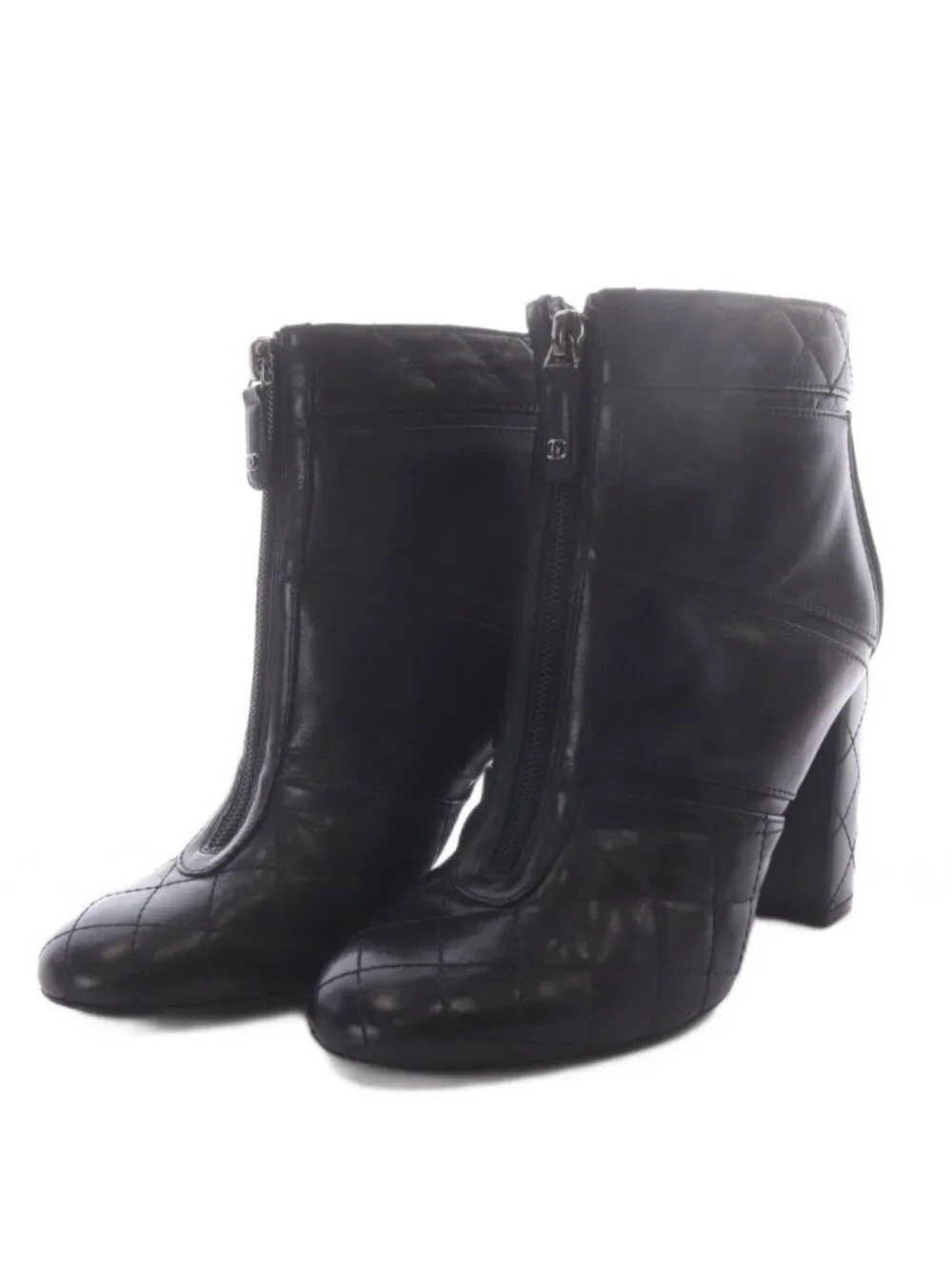 Chanel Quilted Boots Short High Heels Center Zip CC Logo Leather Black